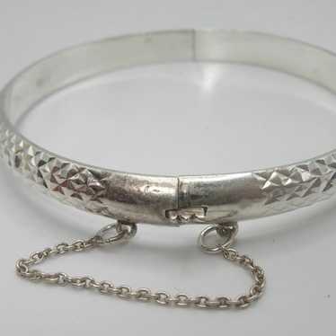 Vintage Sterling Silver Diamond Cut Hinged Bangle 