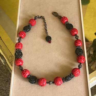 Vintage Chinese Red Black Cinnabar Shou Necklace