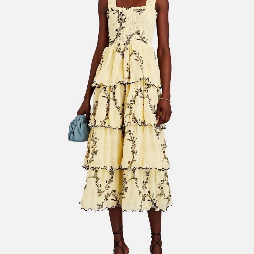 Ganni Yellow and Black Floral Tiered Plisse Midi … - image 6