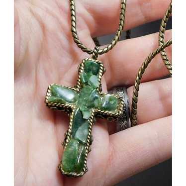 Vintage Gold Jade Chip Cross Necklace