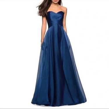 La Femme Navy Blue Strapless Metallic Organza Gown - image 1