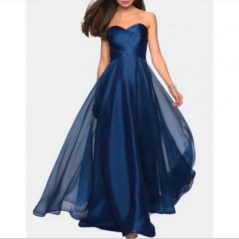 La Femme Navy Blue Strapless Metallic Organza Gown - image 2