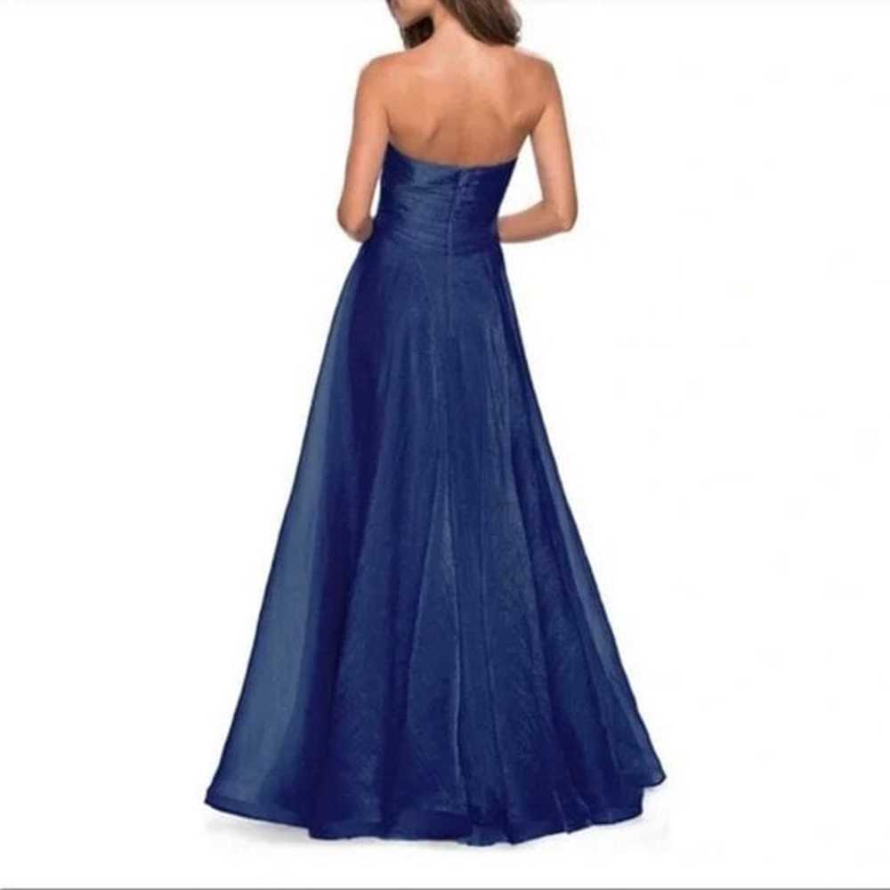 La Femme Navy Blue Strapless Metallic Organza Gown - image 3