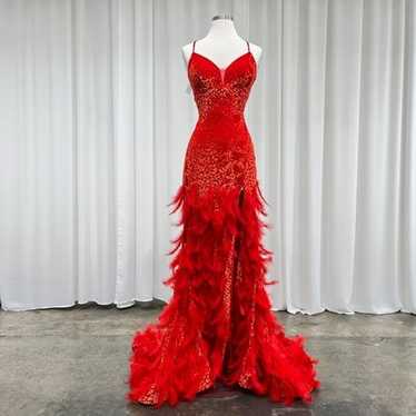 02. Unique Red Leopard Feather Velvety Dress - image 1