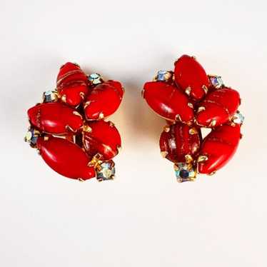 Vintage Prong Set Red Aventurine Art Glass Rhinestone sold Gold Tone Clip Earrings