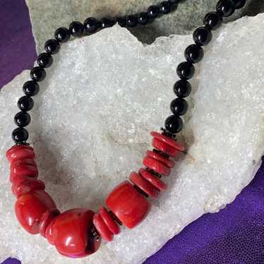 Chunky Natural red Coral and Onyx Necklace. Vinta… - image 1