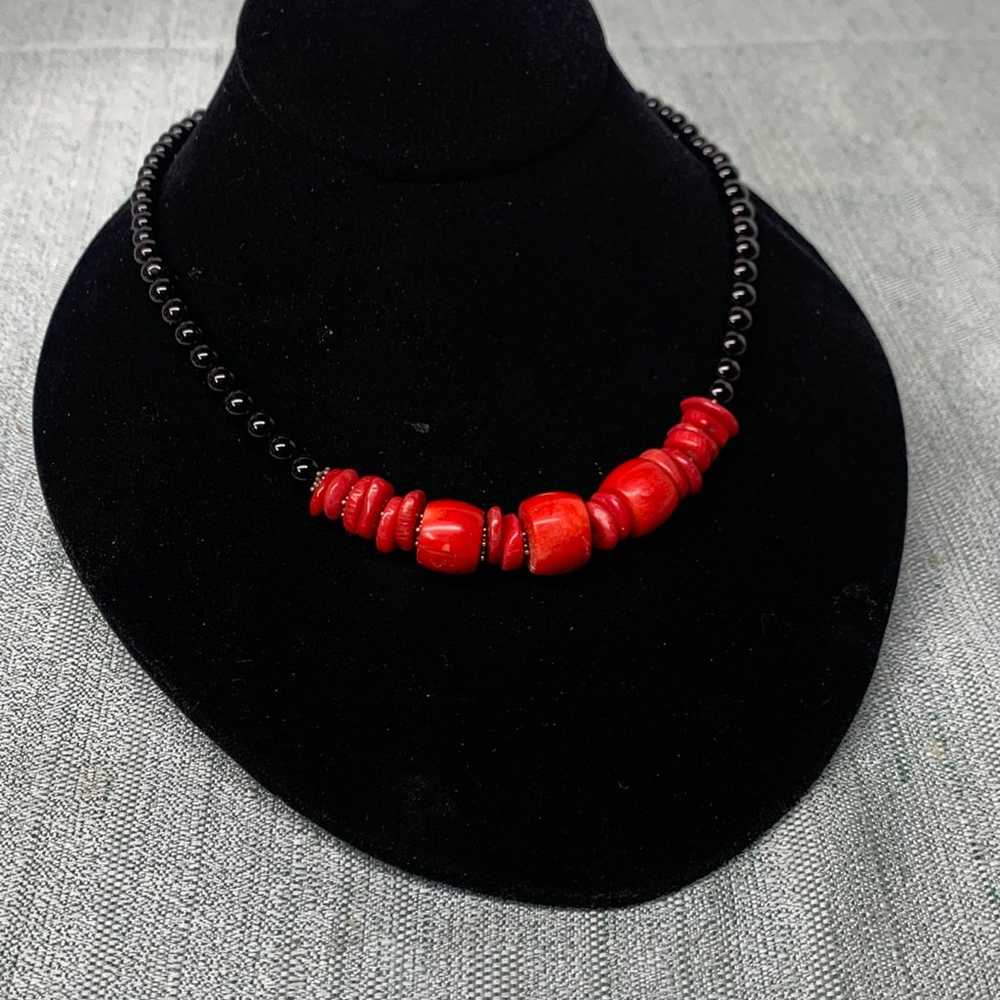 Chunky Natural red Coral and Onyx Necklace. Vinta… - image 2