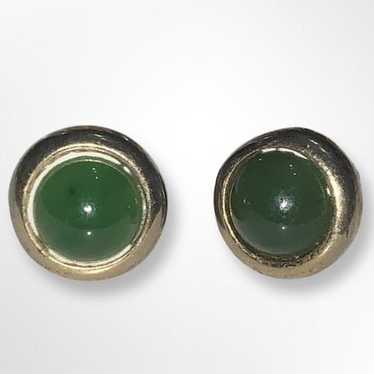 Chinese Emerald Green Translucent 2024 Jade Round Dome Stud Earrings 14K Gold Filled