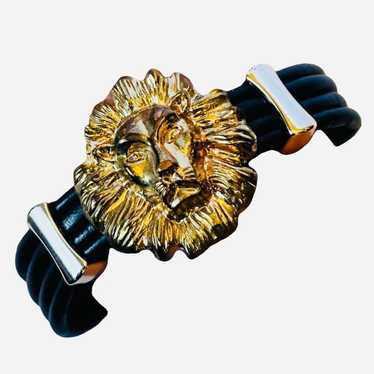 Fine Art Black Leather Gold Metal Bracelet Lion Me