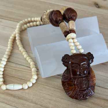 VINTAGE CARVED WOODEN BUDDHA BONE BEADED NECKLACE 