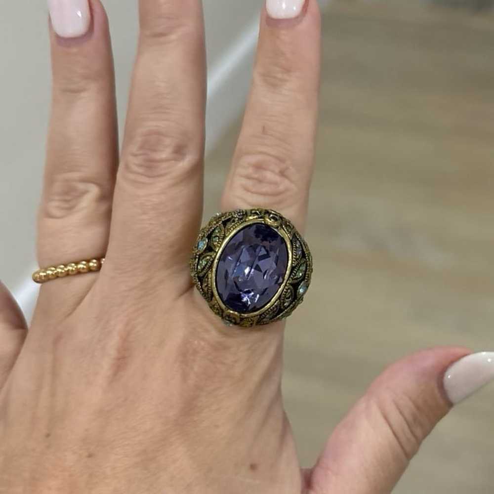 Gold colored large cocktail ring with purple stone - image 4