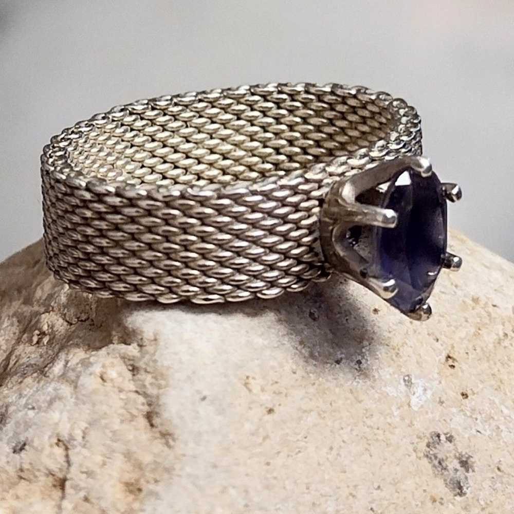 Vintage Mesh Ring Sterling Silver Amethyst Stone … - image 5