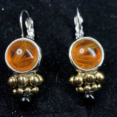 VTG STERLING  SILVER  AMBER  GLASS LEVERBACK EARRI