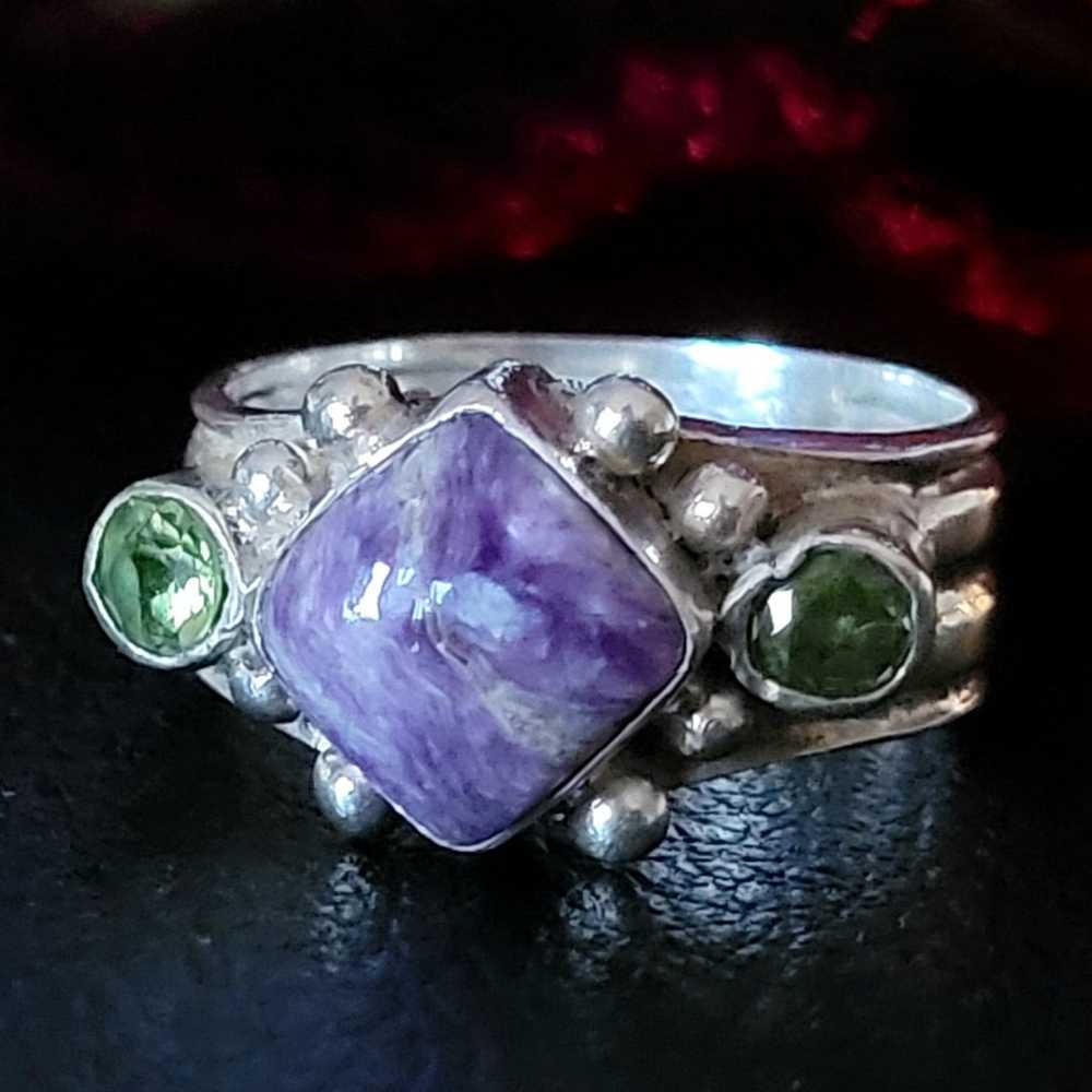 Bohemian Silver Ring Peridot & Marbled Amethyst H… - image 10