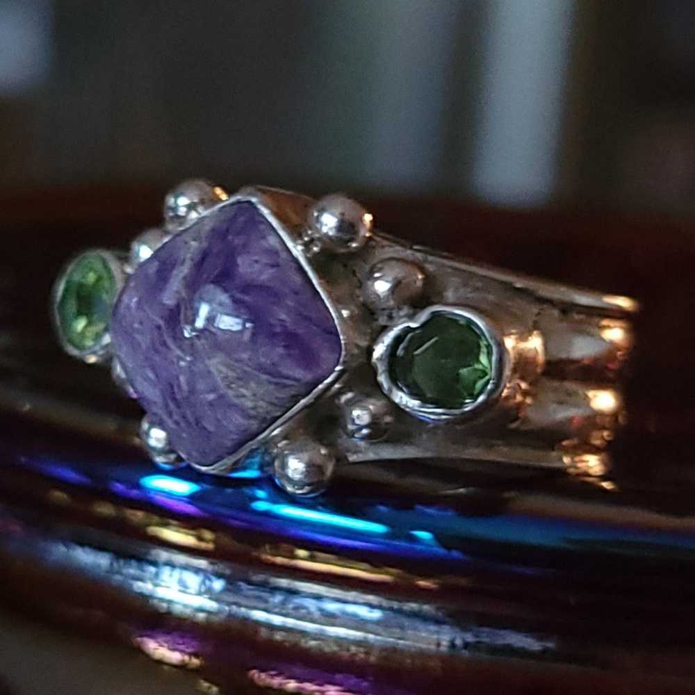 Bohemian Silver Ring Peridot & Marbled Amethyst H… - image 11