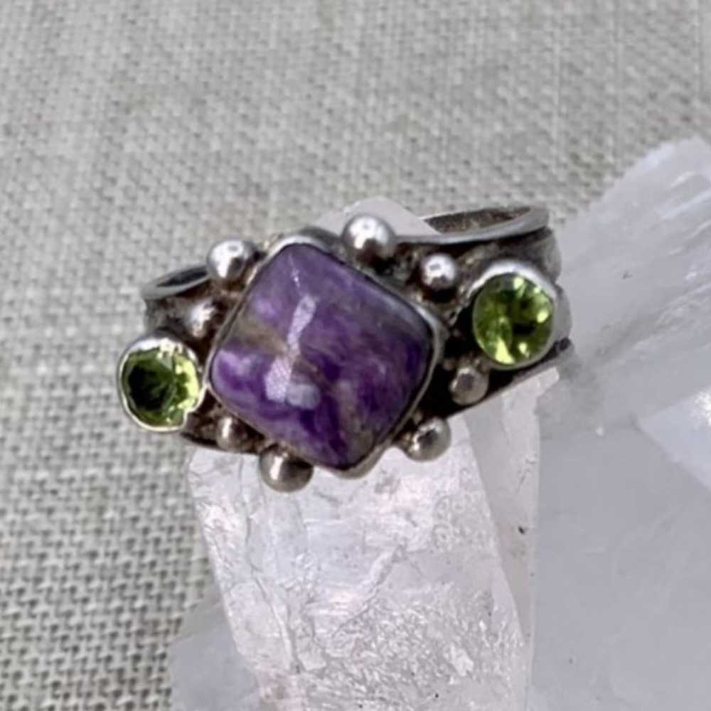 Bohemian Silver Ring Peridot & Marbled Amethyst H… - image 2