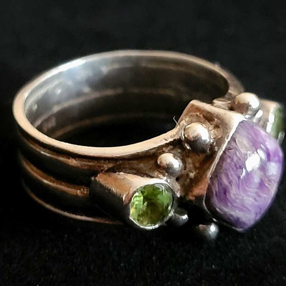 Bohemian Silver Ring Peridot & Marbled Amethyst H… - image 4