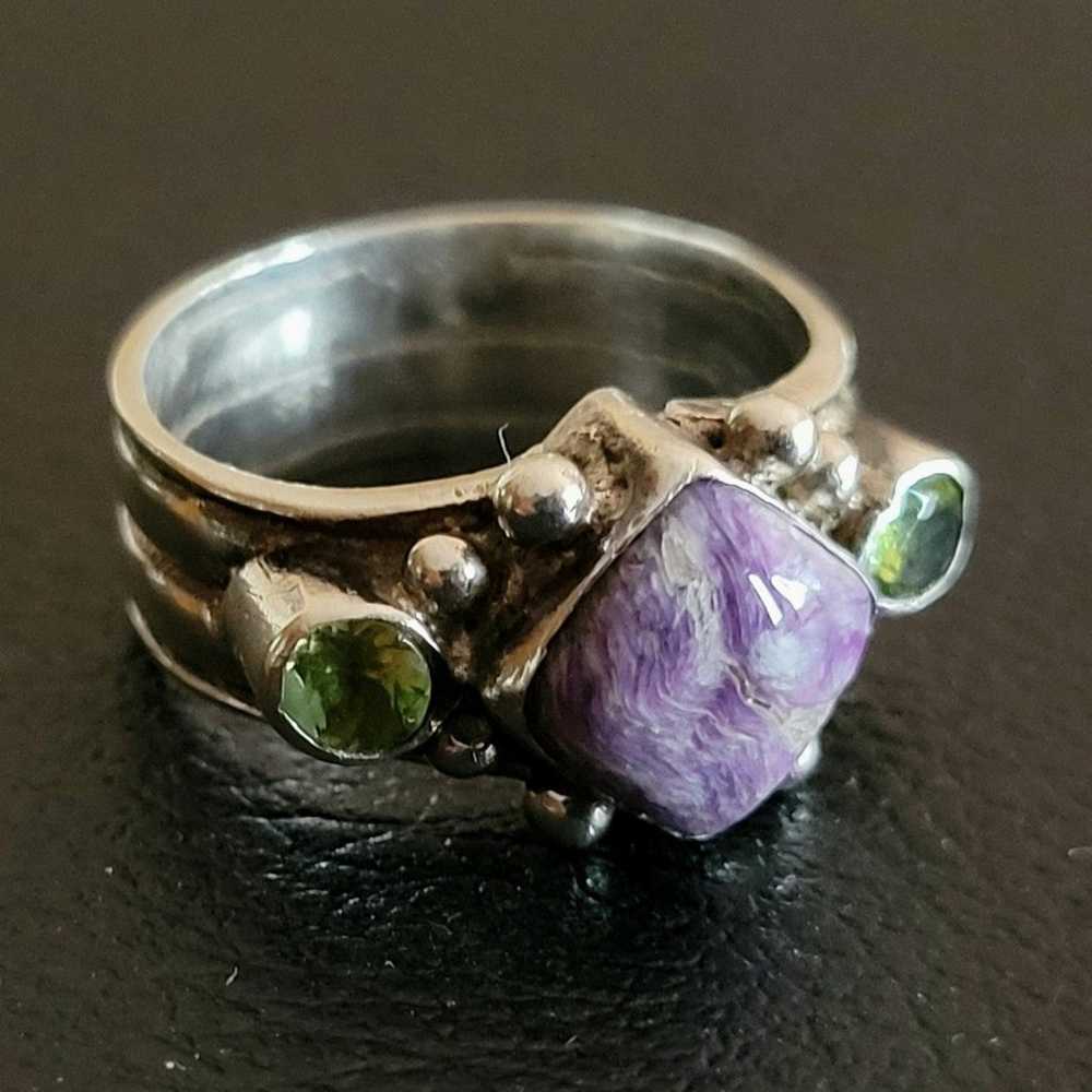 Bohemian Silver Ring Peridot & Marbled Amethyst H… - image 5