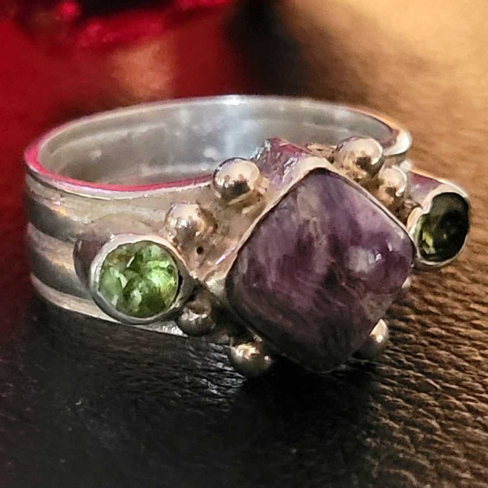 Bohemian Silver Ring Peridot & Marbled Amethyst H… - image 9