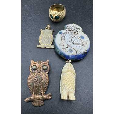 Vtg Owl Jewelry Lot Copper Ceramic Pins Necklace … - image 1