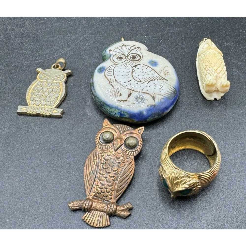 Vtg Owl Jewelry Lot Copper Ceramic Pins Necklace … - image 2