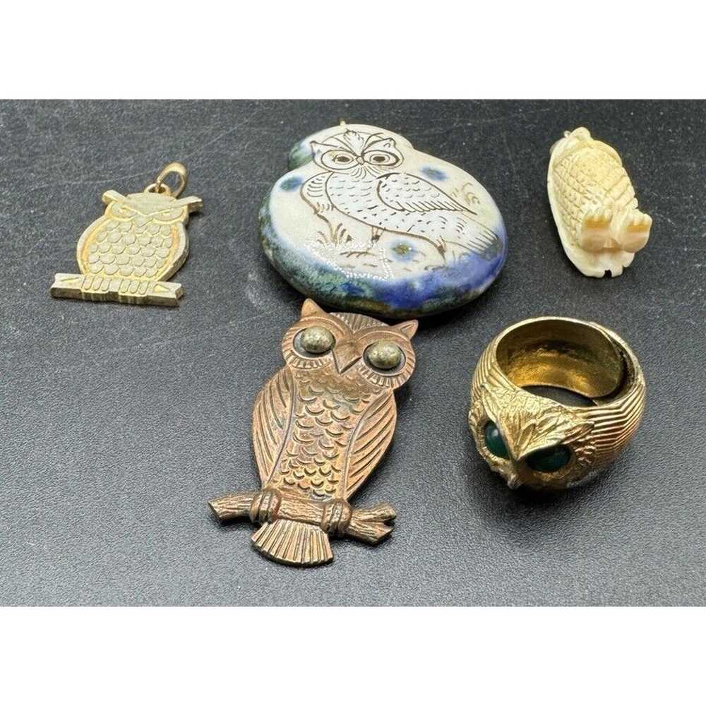 Vtg Owl Jewelry Lot Copper Ceramic Pins Necklace … - image 3