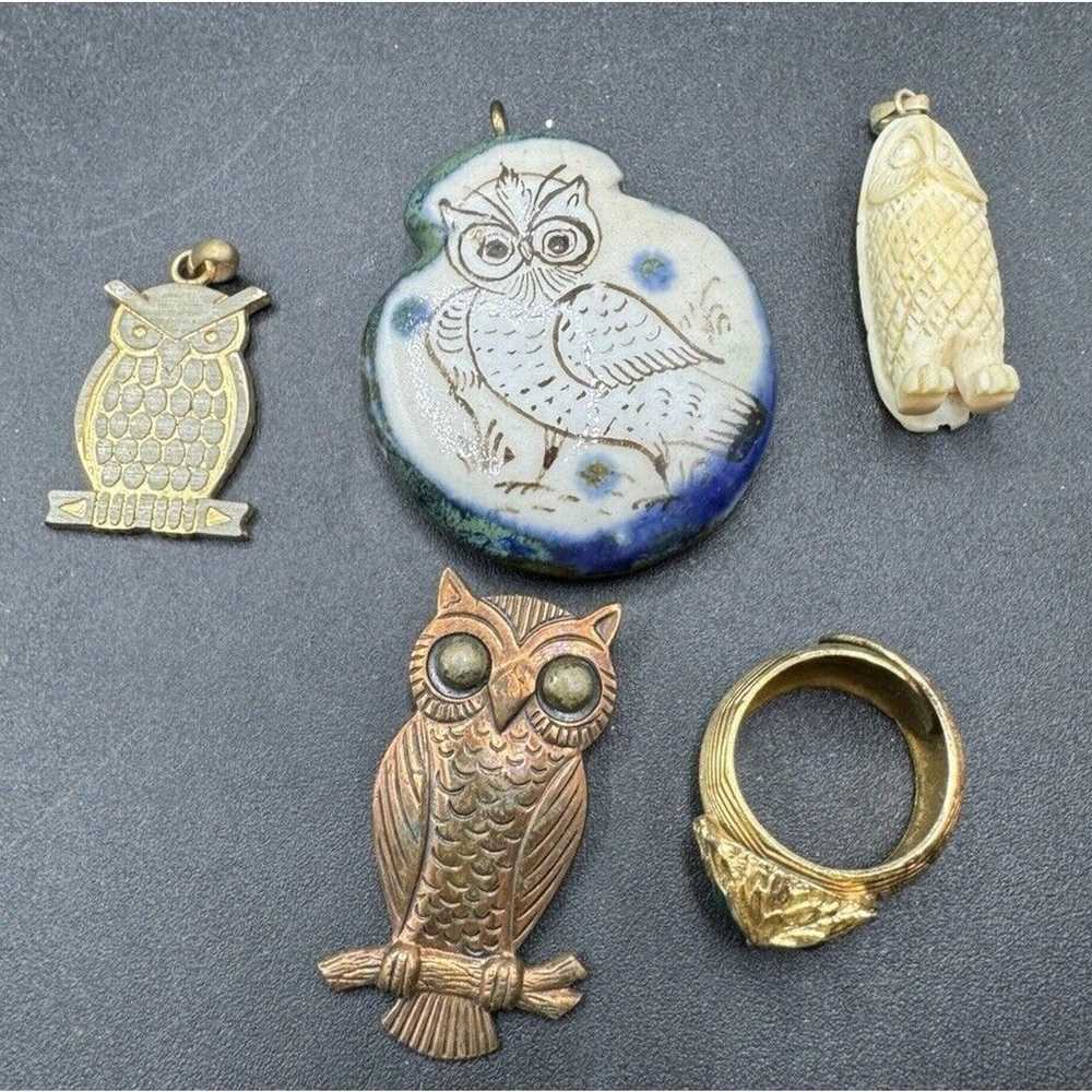 Vtg Owl Jewelry Lot Copper Ceramic Pins Necklace … - image 4