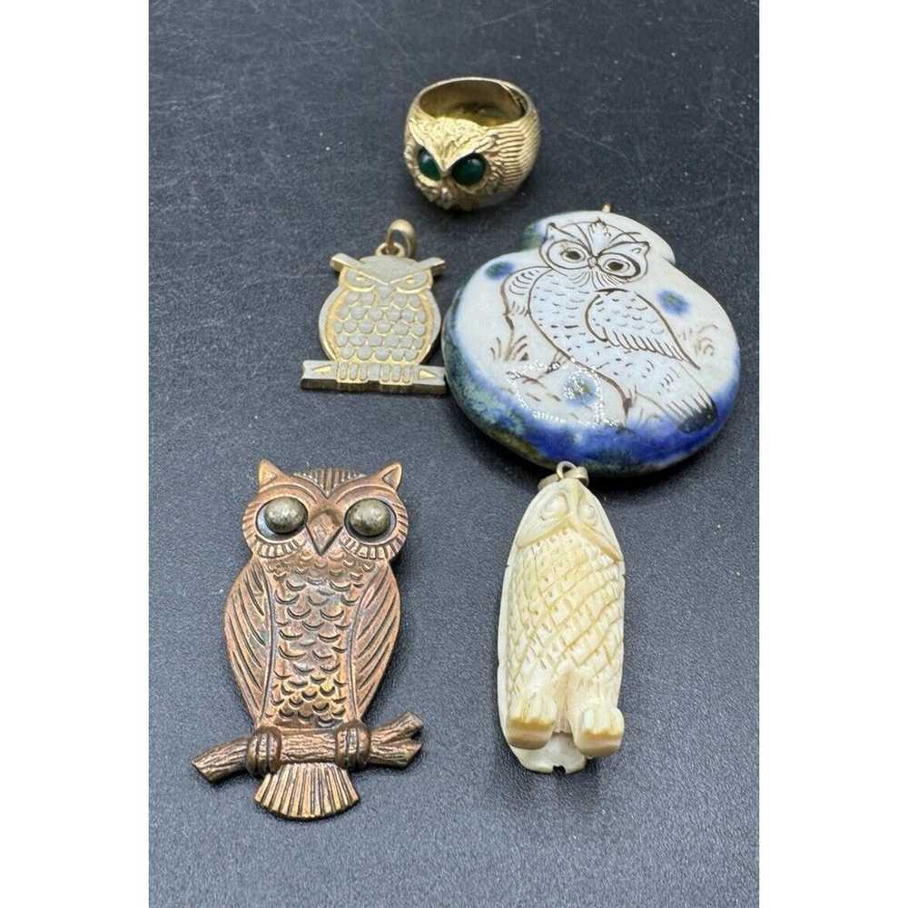 Vtg Owl Jewelry Lot Copper Ceramic Pins Necklace … - image 5