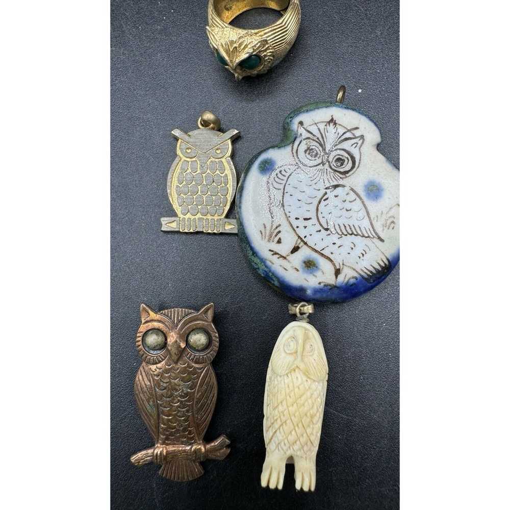 Vtg Owl Jewelry Lot Copper Ceramic Pins Necklace … - image 6