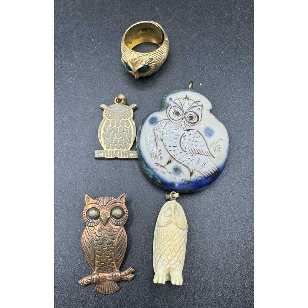 Vtg Owl Jewelry Lot Copper Ceramic Pins Necklace … - image 7