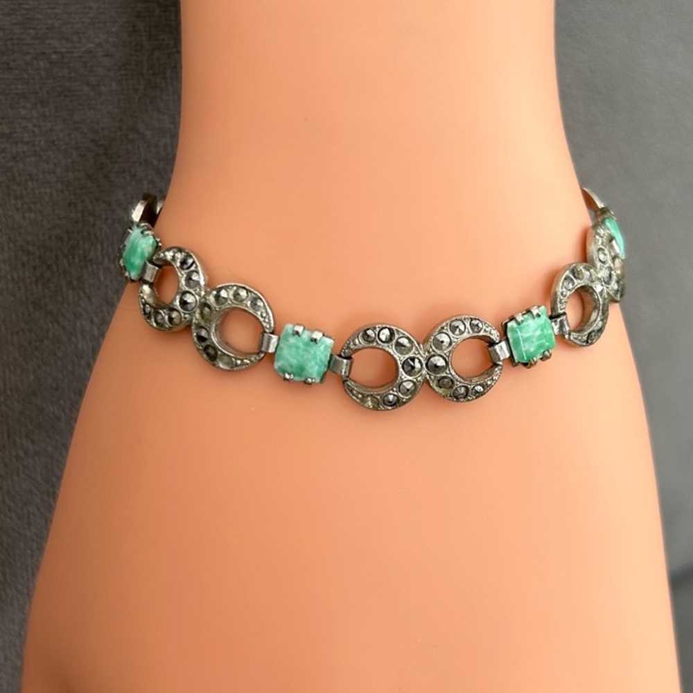 Silver Art Nouveau Antique Marcasite and Jade Bra… - image 7