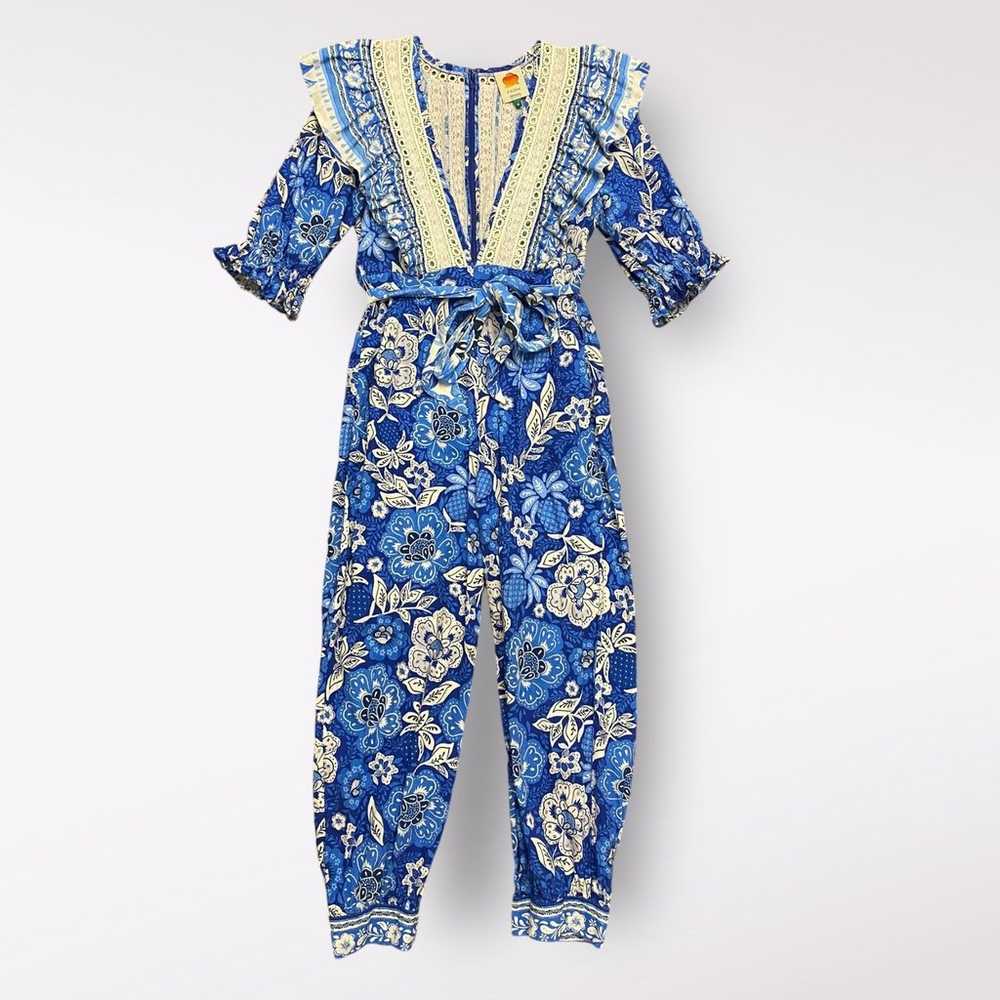 Farm Rio Full of Flowers Jumpsuit Blue Crochet La… - image 1