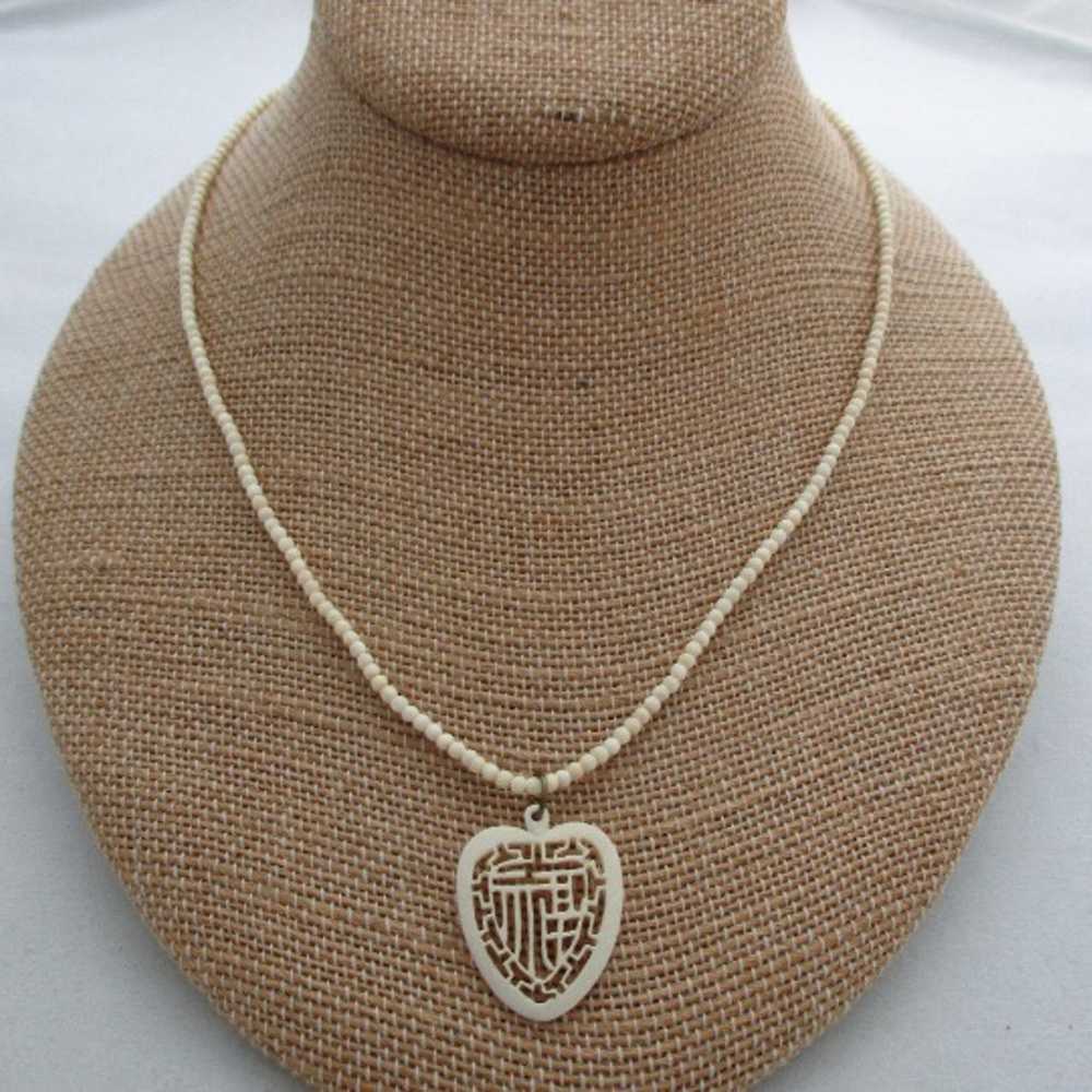 Genuine Vintage Ivory bead Carved Heart Pendant N… - image 2