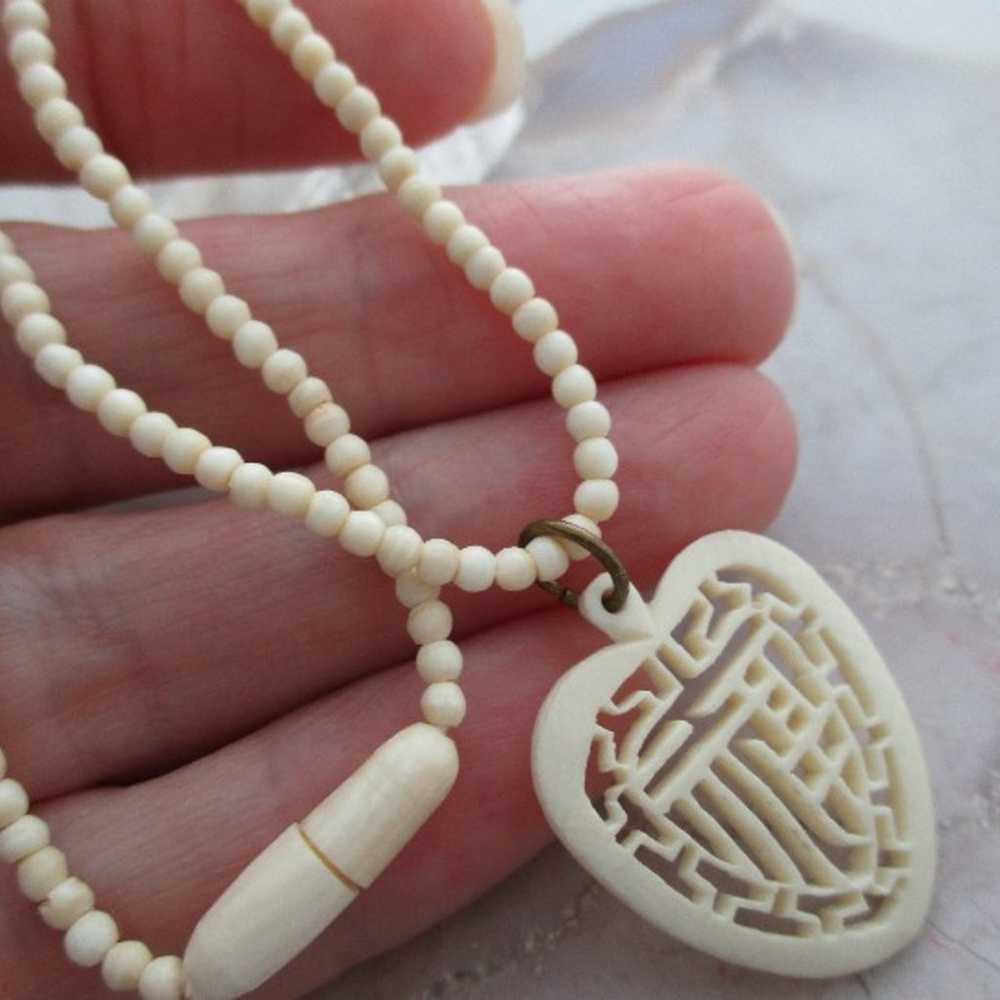 Genuine Vintage Ivory bead Carved Heart Pendant N… - image 5