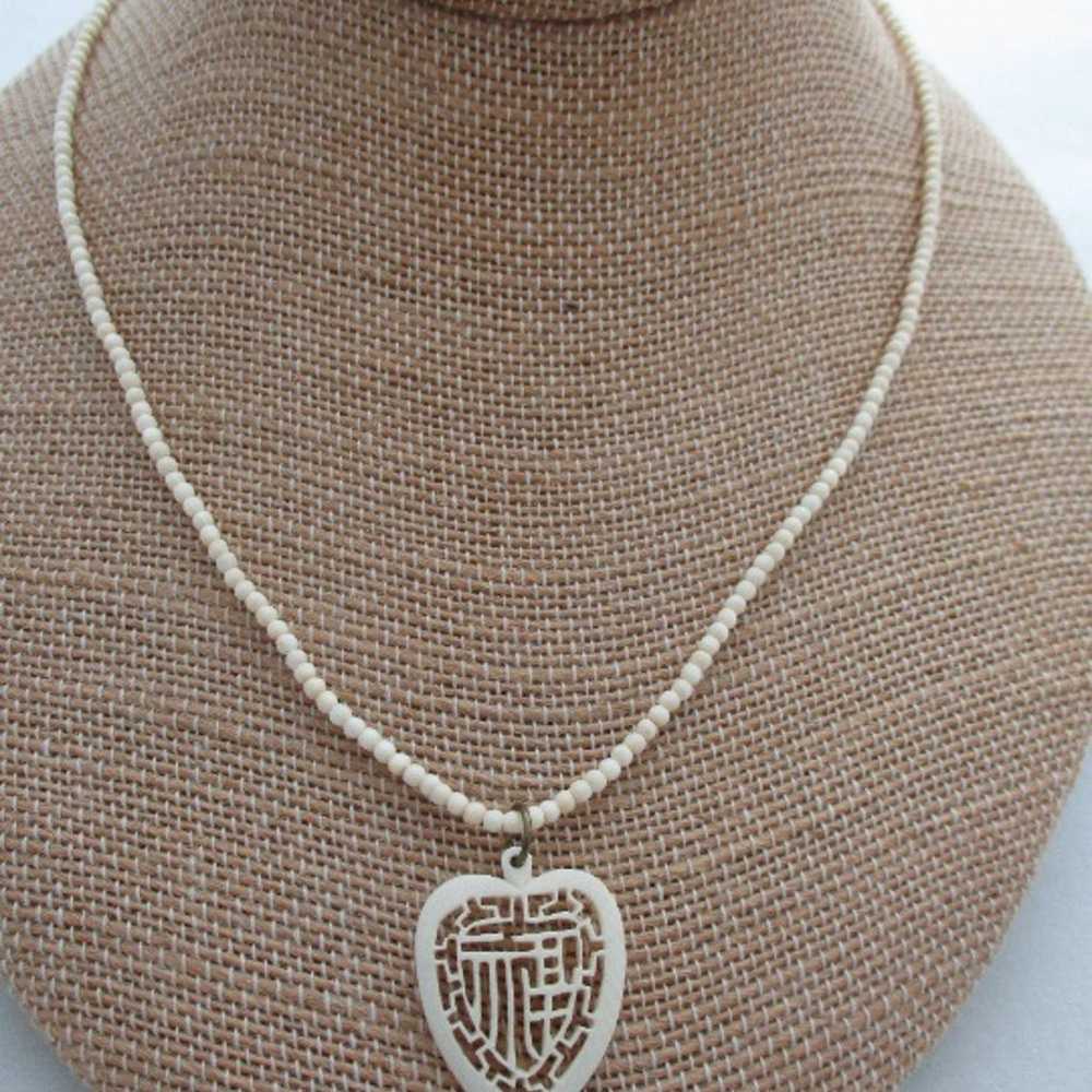 Genuine Vintage Ivory bead Carved Heart Pendant N… - image 9