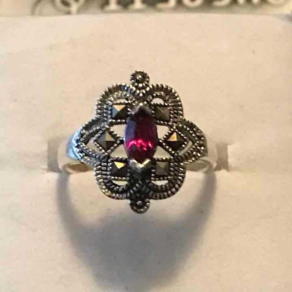 Vintage pink crystal marcasite ring - image 1