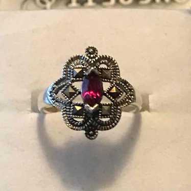 Vintage pink crystal marcasite ring