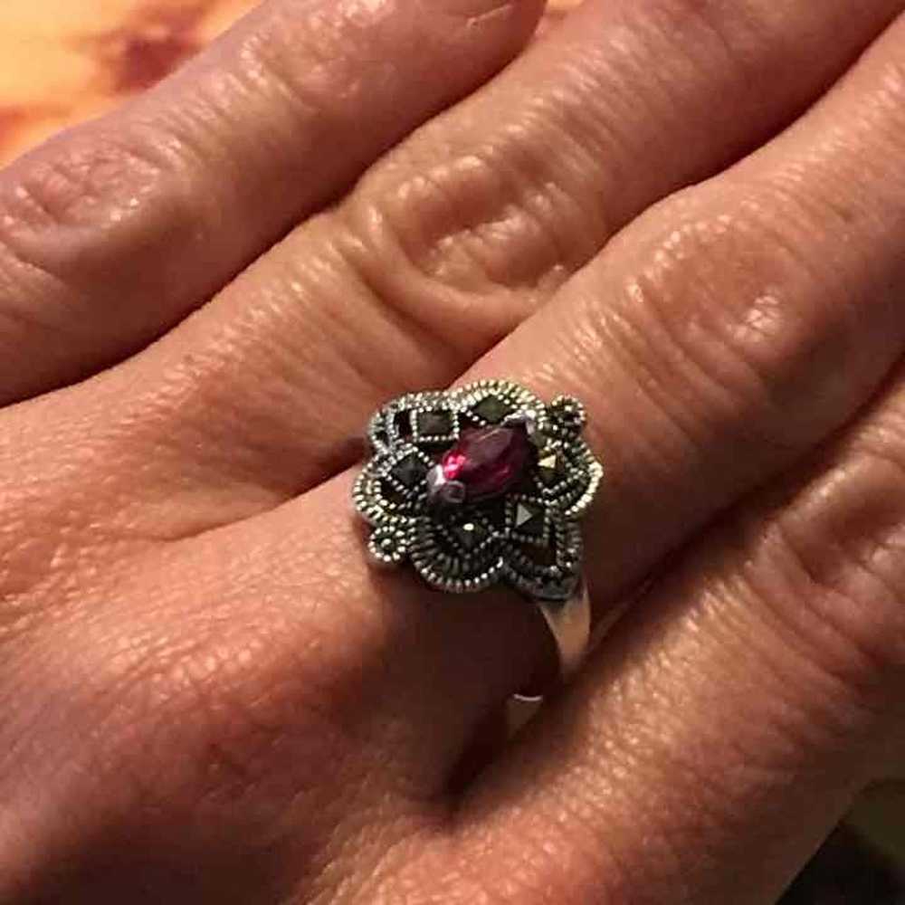 Vintage pink crystal marcasite ring - image 4