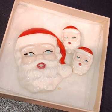 VINTAGE CERAMIC HOLLAND MOLD SANTA EARRINGS AND BR