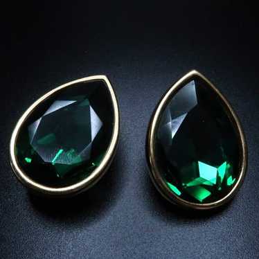 Vintage Large Green Gold Swarovski Clip Earrings … - image 1