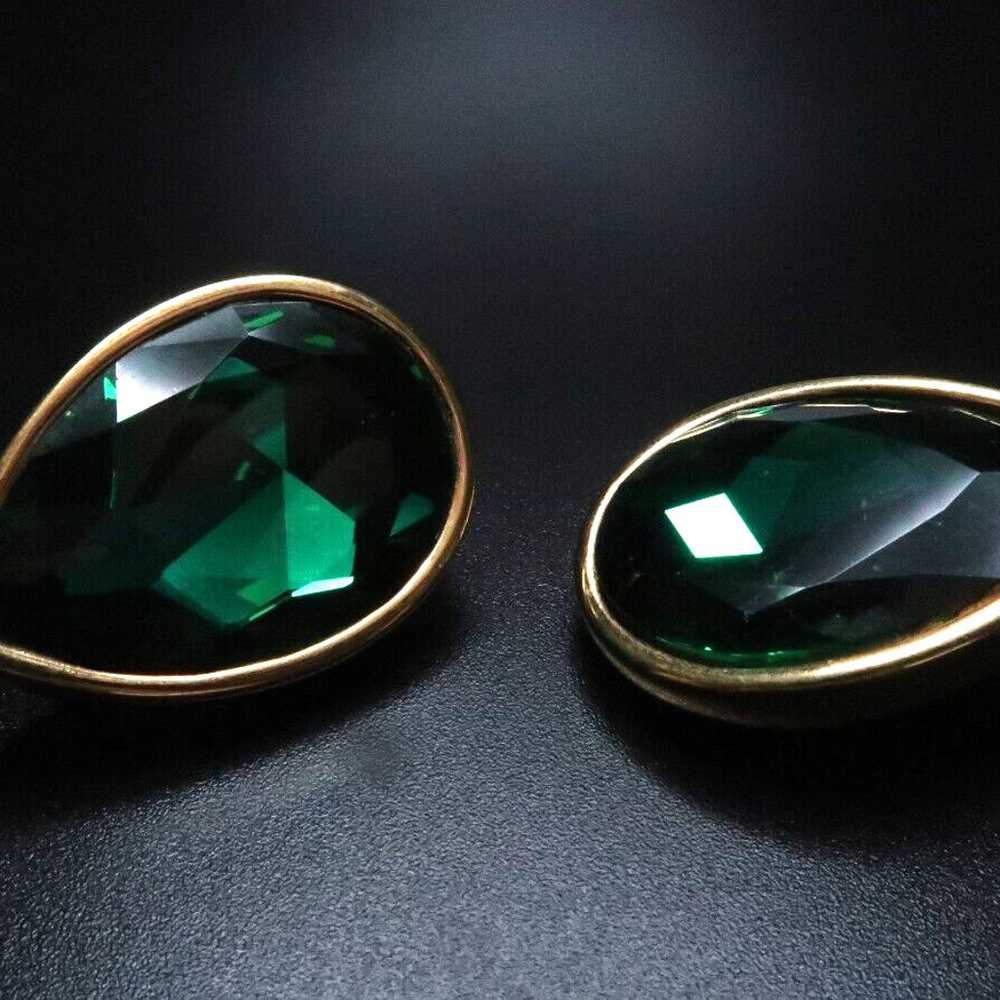 Vintage Large Green Gold Swarovski Clip Earrings … - image 3