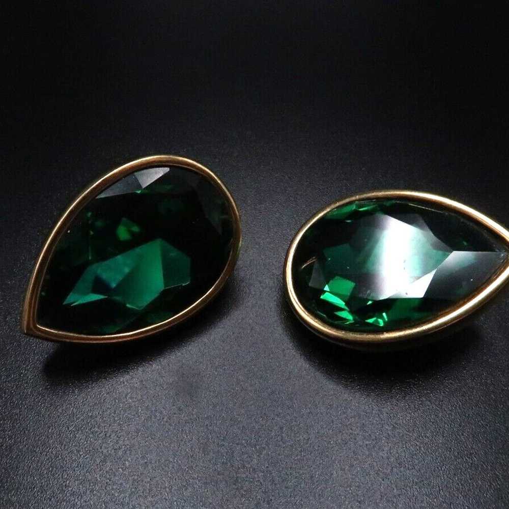 Vintage Large Green Gold Swarovski Clip Earrings … - image 5