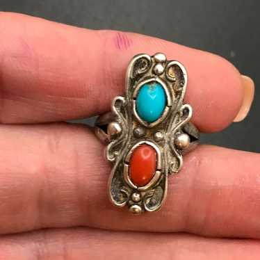 STERLING SILVER  TURQUOISE CORAL RING  #215 - image 1