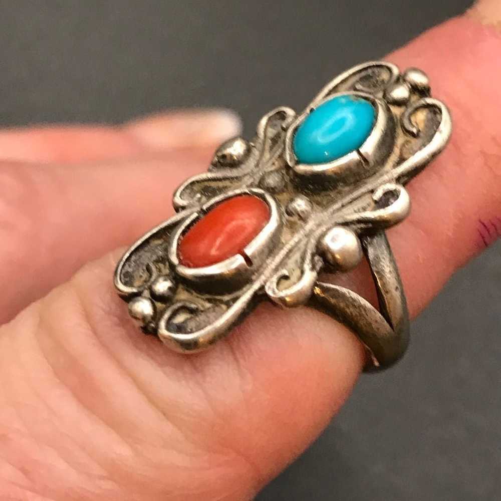 STERLING SILVER  TURQUOISE CORAL RING  #215 - image 9