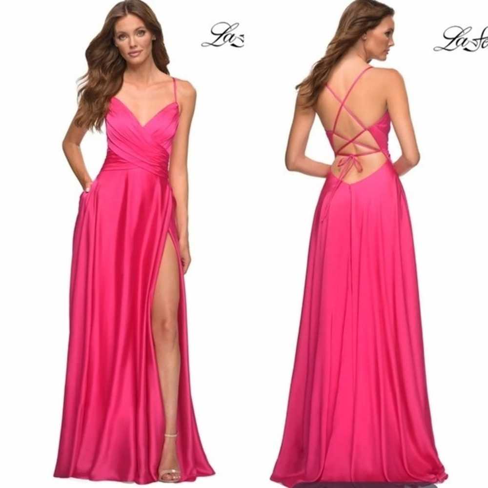 NEW La Femme | Hot Pink Strappy Back Satin Gown - image 1