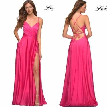 NEW La Femme | Hot Pink Strappy Back Satin Gown - image 1