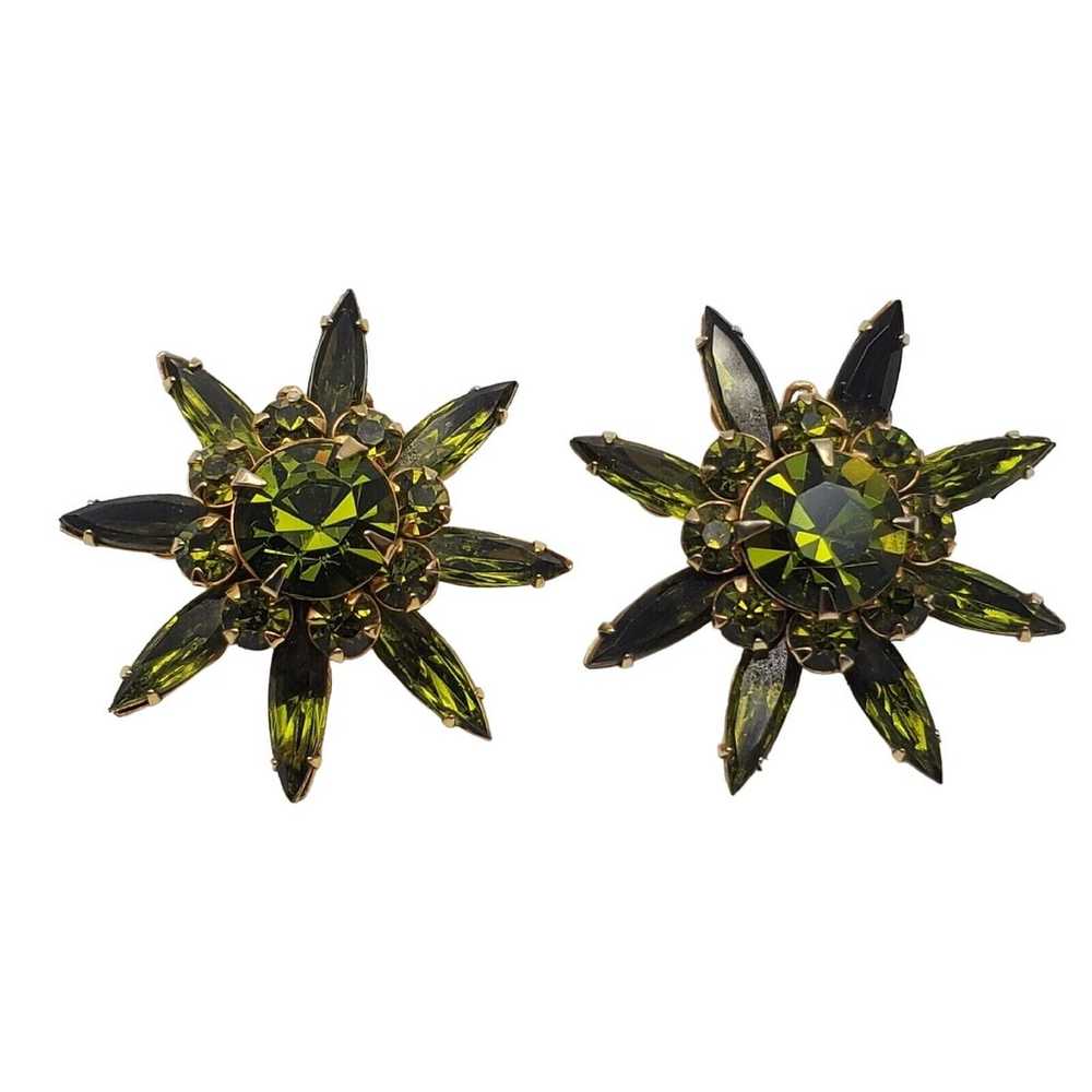 Judy Lee Green Rhinestone Clip Earrings Olive Sta… - image 2