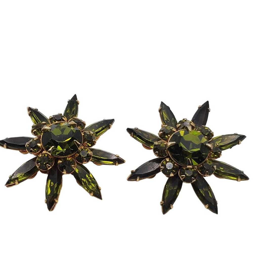 Judy Lee Green Rhinestone Clip Earrings Olive Sta… - image 3