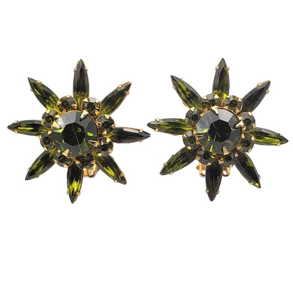 Judy Lee Green Rhinestone Clip Earrings Olive Sta… - image 7