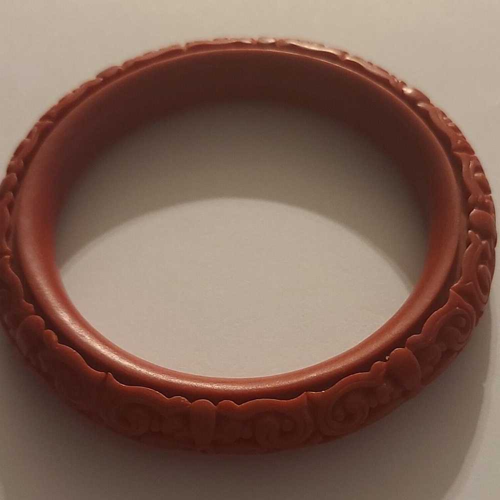 Antique Asian Chinese Red Flower Carved Cinnabar … - image 1